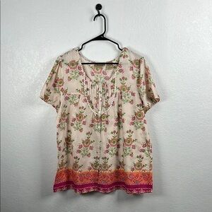 Art And Soul‎ Women’s Cream Floral Blouse Pink Green Accents Cotton Boho Sz XL